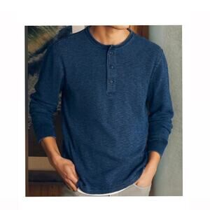 Faherty Shirt Mens XL Blue Indigo Dyed Henley Long Sleeve Casual Slub Cotton